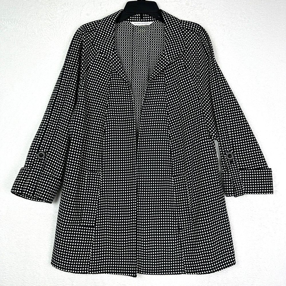 Peter Nygard Open Front Jacket Size Large Black White Polka Dot Pockets